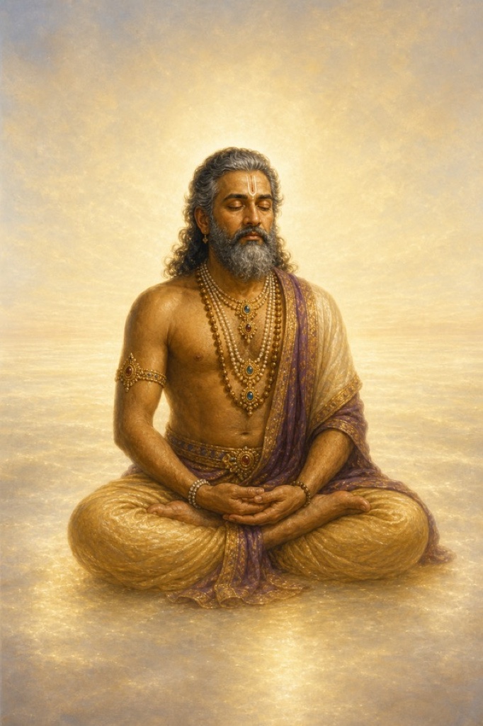Vasudeva seated serenely in deep meditation, faintly luminous, suspended in a vast pale empty field of soft light with no objects or surroundings, only his form and a gentle horizon glow, the void as fullness, painterly classical Indian color art, dignified