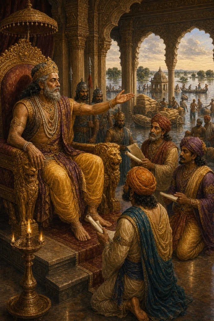Vasudeva seated on his throne, composed and unbroken, one hand extended in decisive command directing turbaned officials with scrolls during a flood relief, granaries and soldiers implied beyond, a stone oil lamp at the dais foot, painterly classical Indian color art, dignified