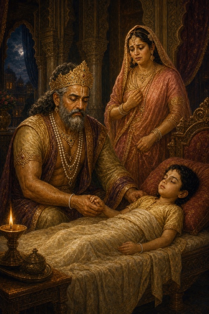 Vasudeva sitting calmly at his fevered son's bedside, holding the boy's hand for a long while, the child weak under covers, the worried queen nearby, a lamp casting soft light in the sickroom, fearless tenderness on the king's face, painterly classical Indian color art, dignified