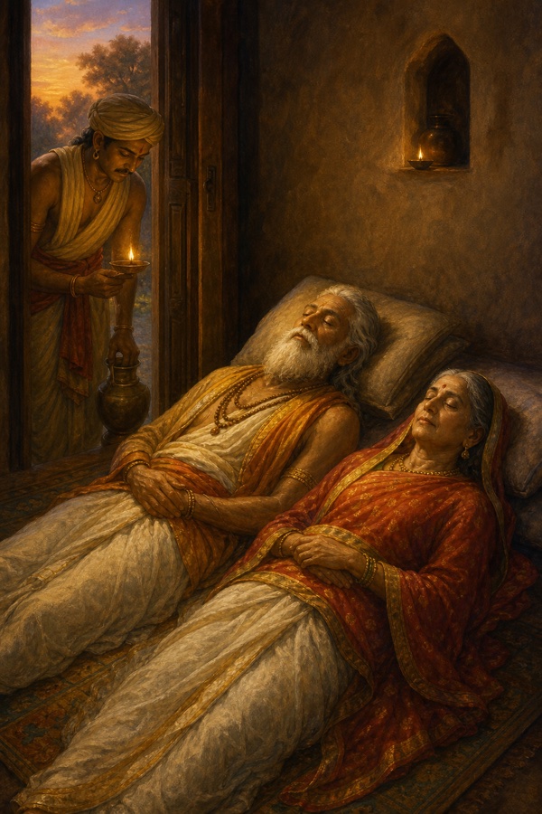 Aged Vasudeva and Sunayana lying peacefully side by side in their small bare corner chamber at dawn, eyes closed, faces serene in death, having passed together; a servant at the doorway bowing his head, a single oil lamp and water pot, painterly classical Indian color art, dignified