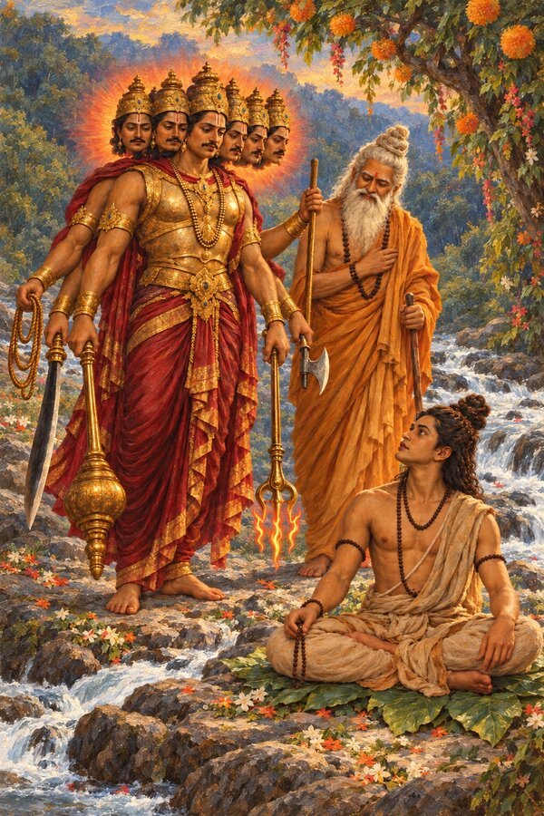 On the Samanga bank six-faced Kala and Bhrigu stand before a young matted-haired ascetic on kadamba leaves as he opens his eyes.