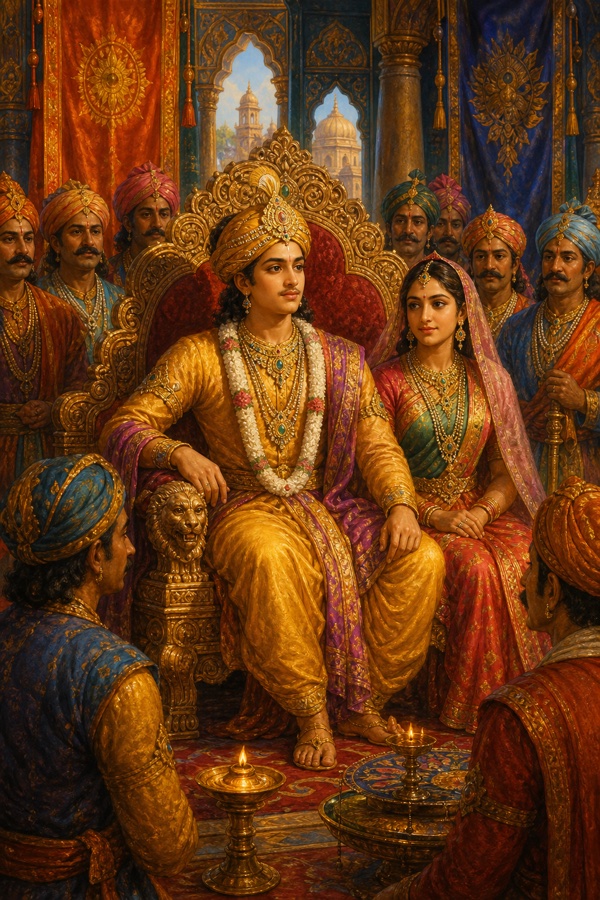 A young King Viduratha, only a faint moustache, seated on an ornate carved throne in a prosperous palace hall, loyal turbaned ministers and his queen the second Lila beside him, banners and lamps; rich classical Indian color painting, dignified, no text