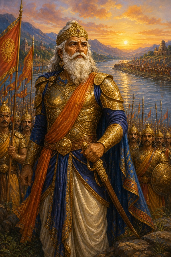 The aged rival King Sindhu, full white beard but fierce keen eyes, standing in armour before his great gathered army at a border river that divides two kingdoms; classical Indian color illustration, commanding, no text