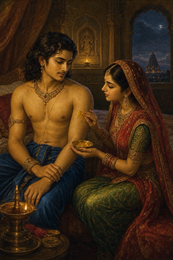 Intimate lamplit night chamber: the veiled queen gently applying yellow turmeric paste to King Viduratha's bare upper arm on the eve of war, her hands faintly trembling, a small oil lamp glowing; tender classical Indian color painting, no text