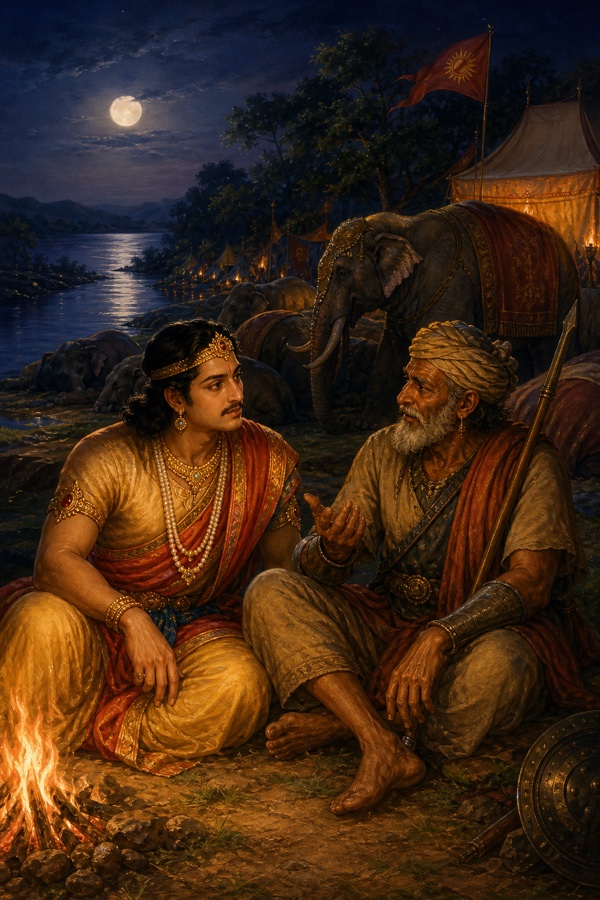 King Viduratha seated on the ground beside an old barefoot soldier Datta at a riverside camp at night, campfires and resting war elephants behind, the two in quiet conversation; warm classical Indian color illustration, dignified, no text