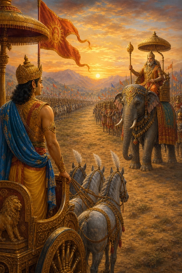 Dawn battlefield: King Viduratha standing on his war chariot facing across an empty strip of dry ground toward old King Sindhu mounted on an elephant holding a royal staff, two vast armies arrayed behind; sweeping classical Indian color painting, no text
