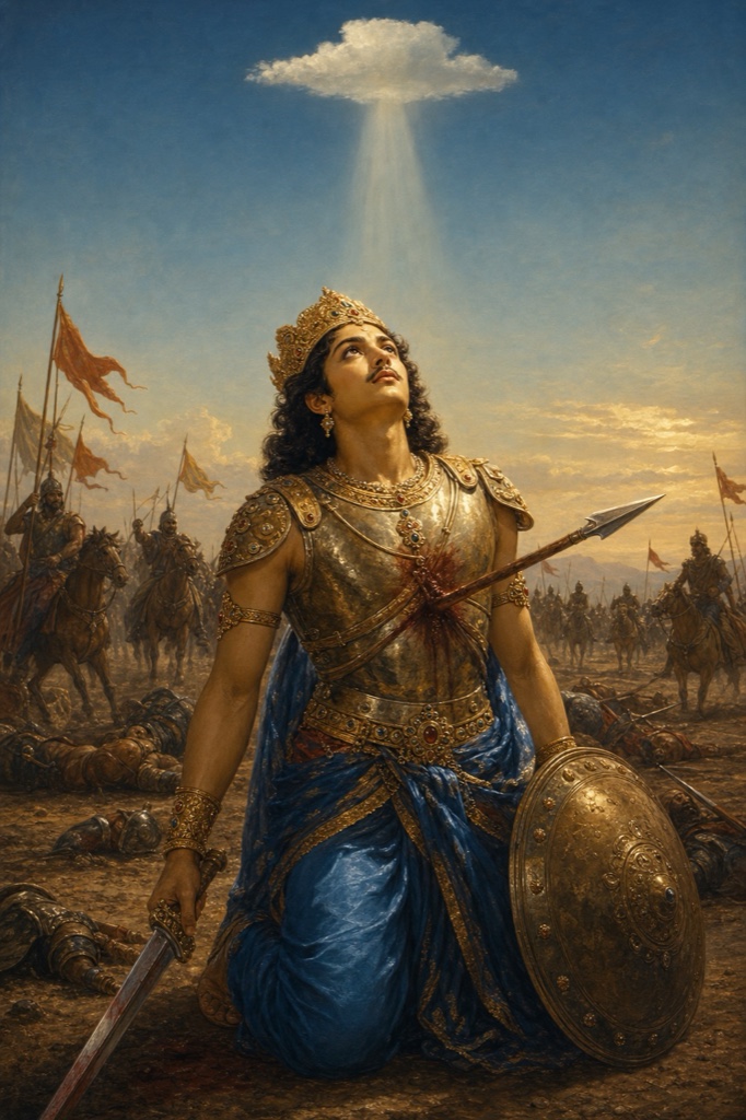 King Viduratha pierced by a spear in the chest, sword sinking, gazing up at a clear sky where a single lone cloud drifts very high, a strange faraway recognition on his face amid the dust of battle; poignant classical Indian color illustration, no text