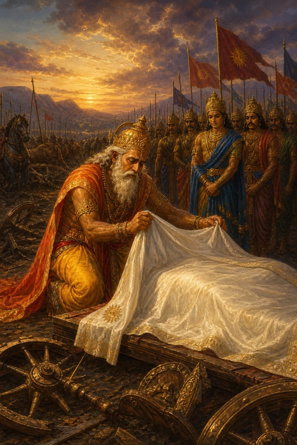 Old King Sindhu kneeling beside the fallen body of Viduratha on the stilled battlefield, drawing a white cloth over him and calling his name in sorrow, broken chariot wheels around, his halted army behind; solemn classical Indian color painting, no text