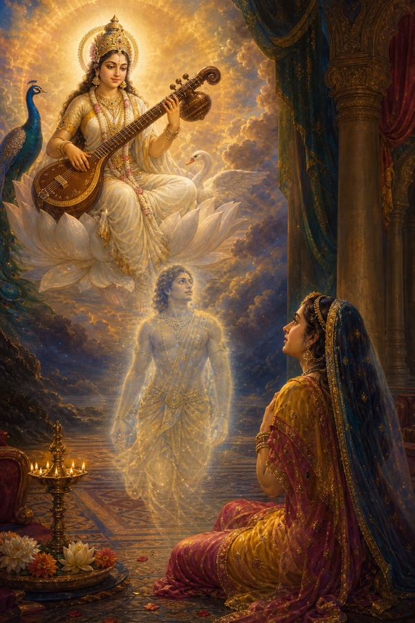 A distant chamber where the woman Lila beholds the radiant goddess Saraswati holding a veena, while Viduratha's translucent soul arrives newly aware; luminous metaphysical tableau in classical Indian color, dignified, no text