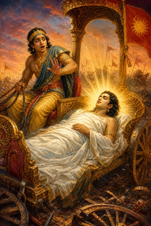 On the battlefield the charioteer recoils in terror, crying out as the body of Viduratha, laid on a chariot to be sent home, opens its eyes and stirs back to life; dramatic classical Indian color illustration, no text