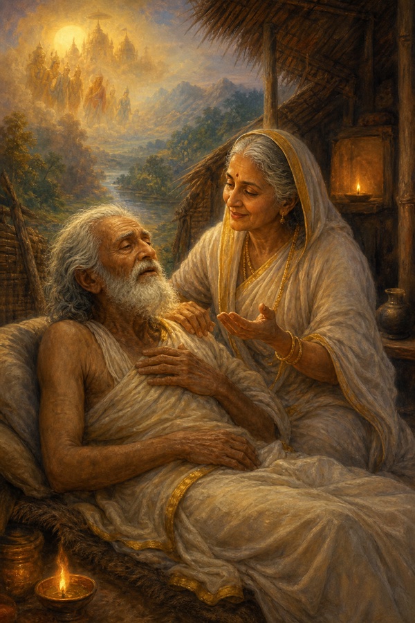 A dream within sleep: a very old Viduratha in a small humble hut beside an aged woman resembling Arundhati who smiles and tells him the time has come, a soft otherworldly glow; serene classical Indian color painting, dignified, no text