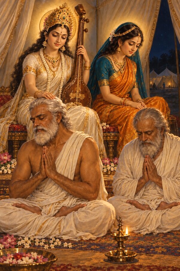 In the night camp Viduratha and his minister sit with joined palms as Sarasvati lays her hand on the king's head and Lila watches.