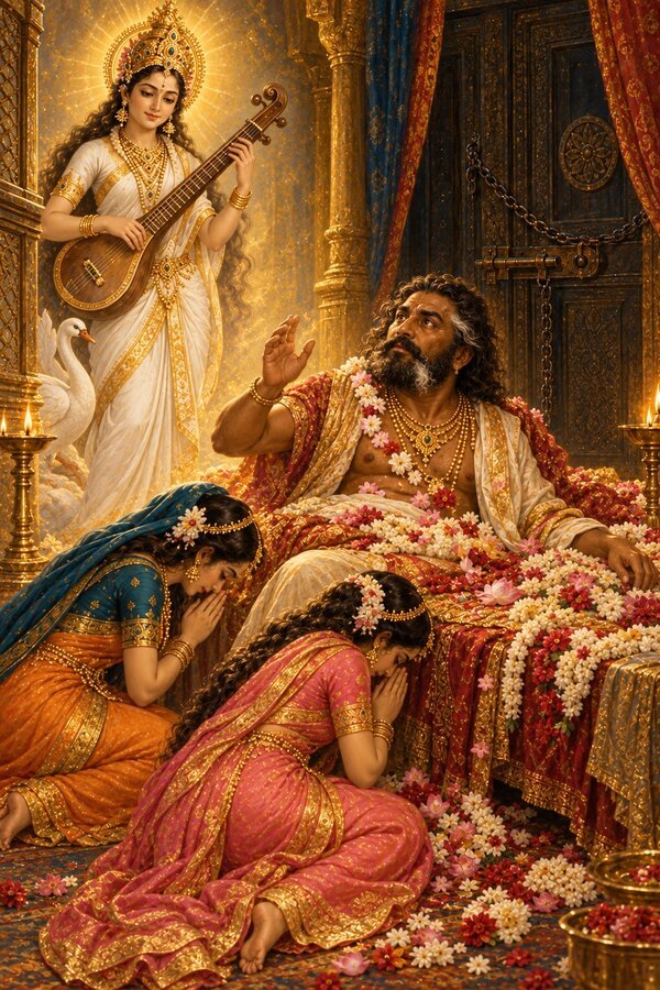 Risen from a bed heaped with flowers, King Padma lifts his hand and calls out as the two Lilas bow and Sarasvati stands near.