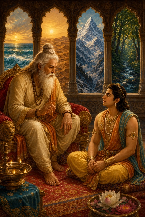 The sage Vasishtha, enthroned and white-bearded, leans toward a young attentive Rama to begin a parable; behind them four arched windows open onto sea, desert, snowy peaks and forest; classical Indian color illustration, dignified, no text