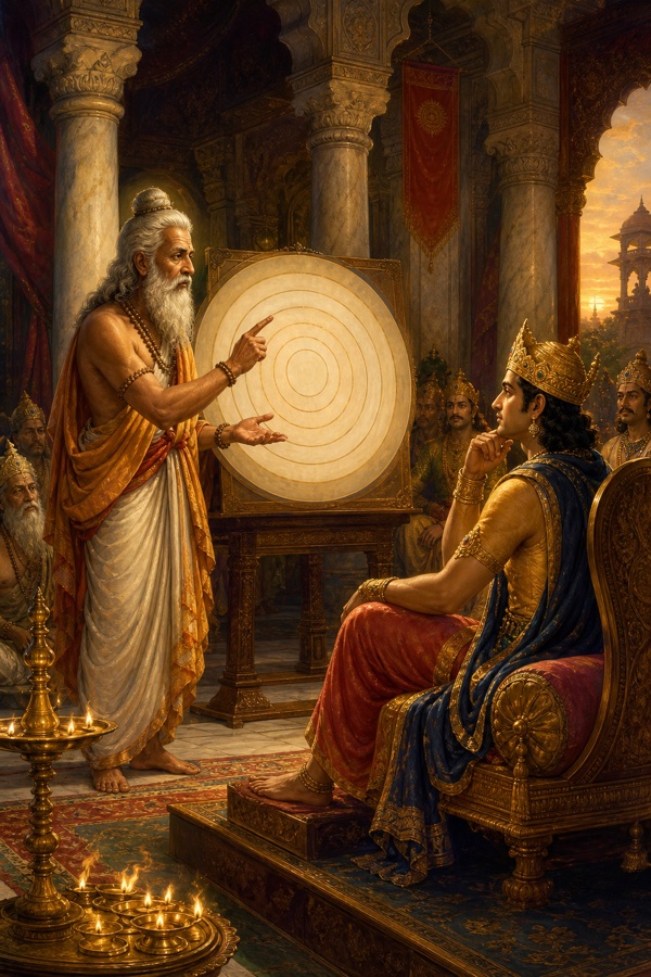 In a marble pillared court a learned brahmin, gesturing at a drawn diagram of seven concentric island-continents ringed by oceans, instructs the seated crowned King Vipashchit; other advisers listen; warm lamplight, richly colored, dignified, no text