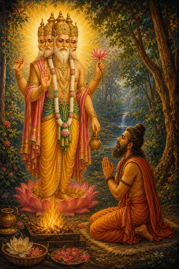 Four-faced golden Brahma, radiant in a forest clearing, raises a cautioning hand as he warns the kneeling ascetic Vipashchit folding his hands at a small sacred fire; lotus offerings, luminous color, dignified, no text