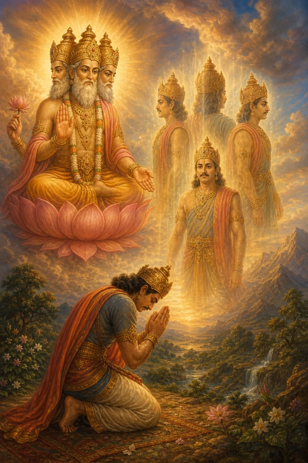 Brahma grants the boon as Vipashchit bows; faint translucent images of the king begin to split into four identical figures facing the four directions; soft divine glow, classical Indian color art, dignified, no text