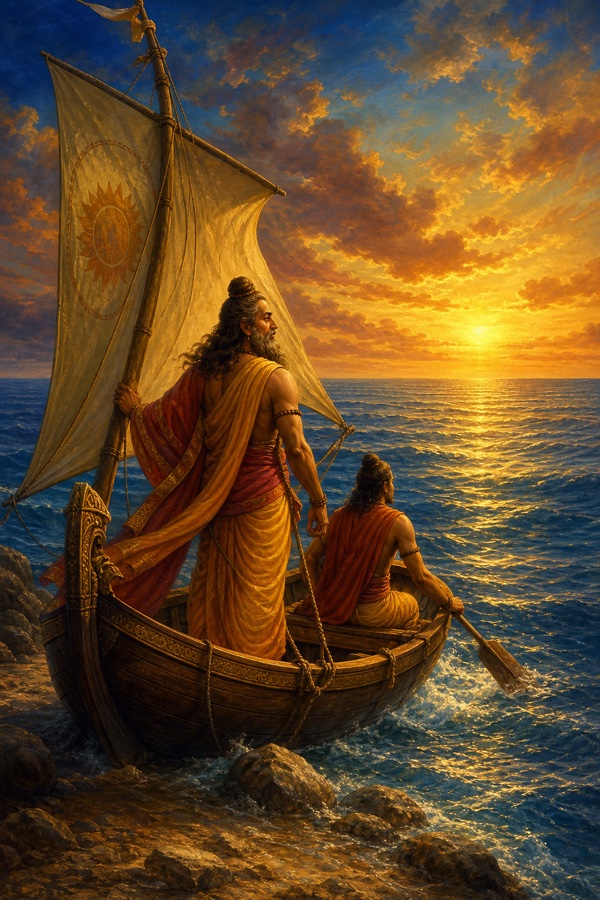 Vipashchit and a single companion push off in a small wooden boat from a rocky shore into a vast endless sea at sunset, sail catching wind, distant horizon empty; rich golden-blue color, dignified, no text