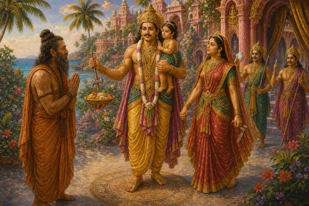 On a strange continent Vipashchit converses with a dignified four-armed king who simultaneously holds wife, child, food and tool; awed onlookers, exotic architecture; vivid classical color illustration, dignified, no text