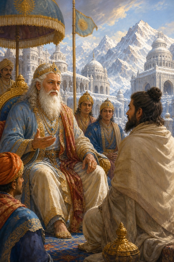 In a snow-bound kingdom of ice-white buildings, an immensely ancient pale blue-eyed king with white hair sits among attendants speaking with the shawl-wrapped traveler Vipashchit; snow peaks behind; cool luminous color, dignified, no text