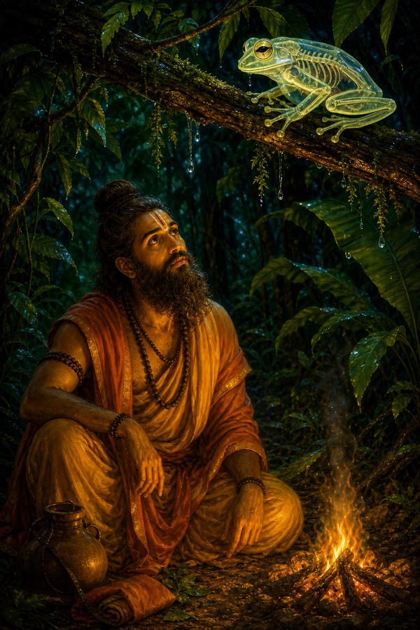 Deep in a dense southern jungle at night, Vipashchit beside a small campfire gazes up at a translucent tree-frog on a dripping branch, its inner bones visible through glass-clear skin; emerald greens and firelight, dignified, no text