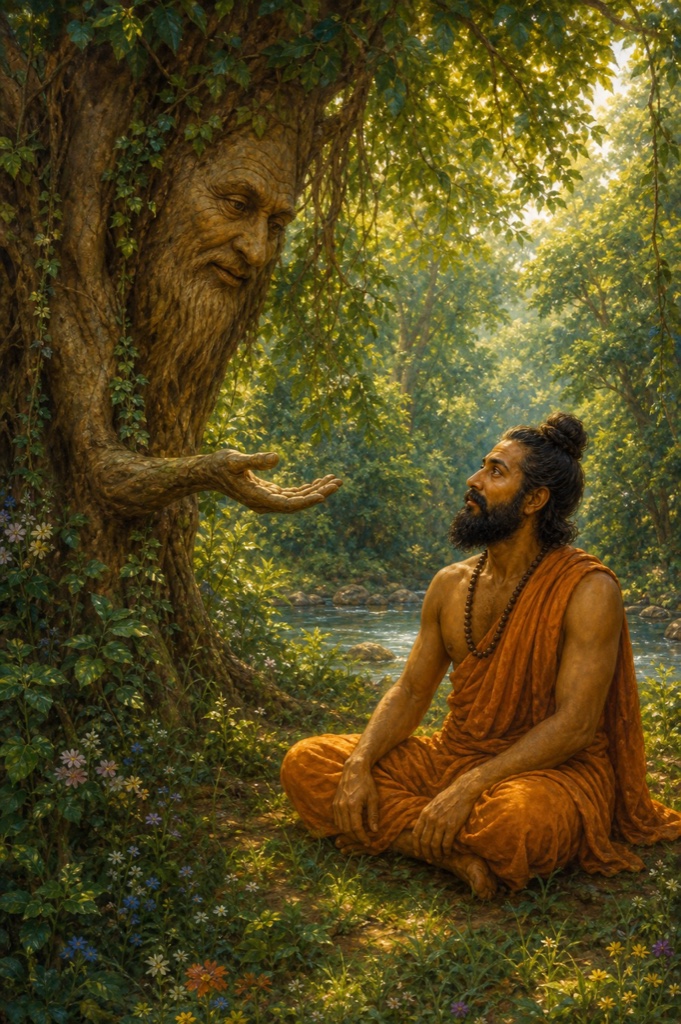 An ancient gnarled speaking tree with a faintly face-like trunk leans toward a still, attentive Vipashchit in a sun-dappled grove as it imparts its teaching; leaves shimmering as if breathing; warm green-gold color, dignified, no text