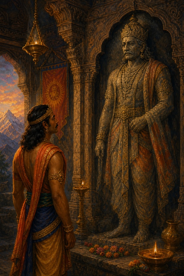 Inside a small mountaintop temple, Vipashchit stands frozen before an ancient weathered stone statue of a king that is unmistakably his own likeness with wearier eyes; oil lamp glow on old stone, dignified color, no text