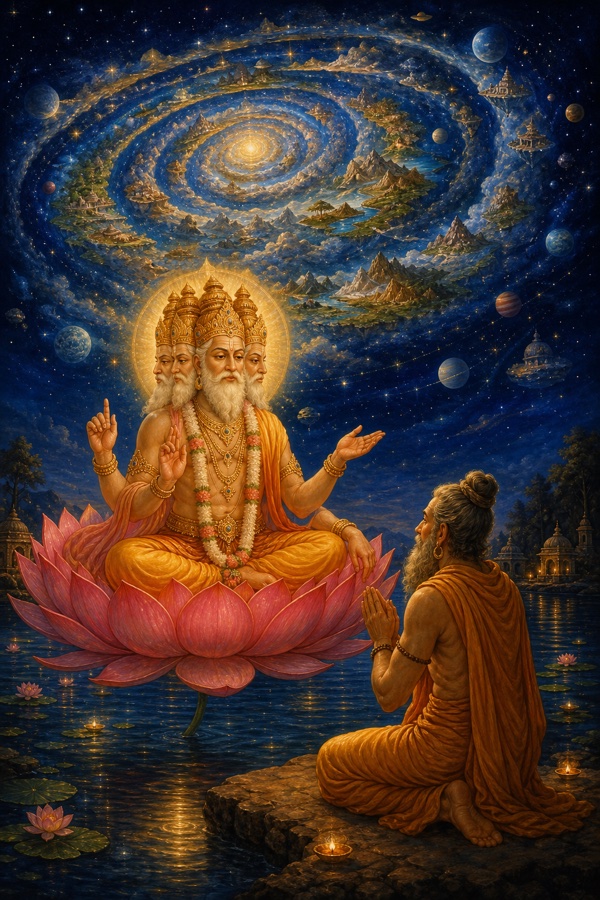 Brahma seated on a great lotus over still starlit water teaches the kneeling Vipashchit, while above them a vast spiraling galaxy of nested worlds and continents unfurls in the night sky; cosmic blue-gold color, dignified, no text