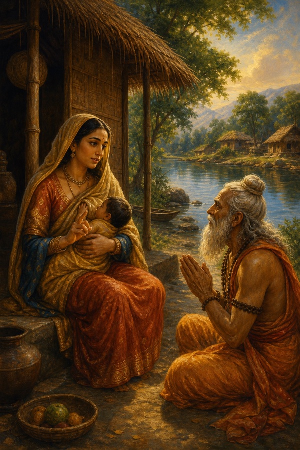 Beside a humble riverside hut a serene village woman nursing her baby speaks her wisdom to old long-bearded Vipashchit, who sits and bows in reverence; a quiet river and a few thatched homes; warm earthy color, dignified, no text