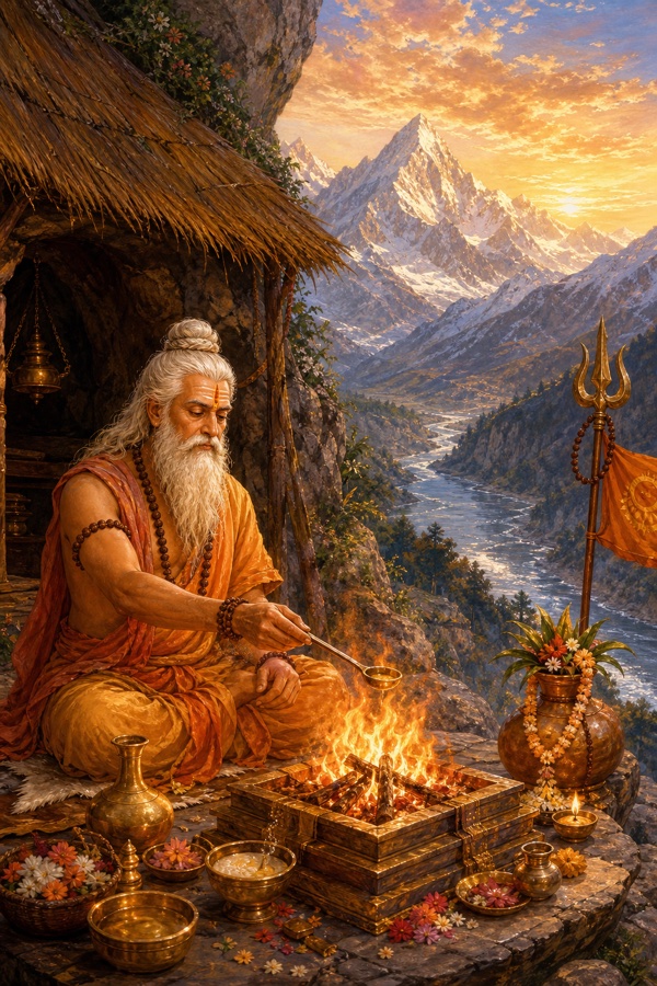 Rich painterly classical-Indian color illustration of the aged sage Vitahavya, white hair and beard with rudraksha mala, performing a fire yajna outside his thatched hermitage beside a cave high on a towering Himalayan mountain, sacred fire and offering vessels, snow peaks and a silver river below, warm dawn light; no text, no watermark, dignified