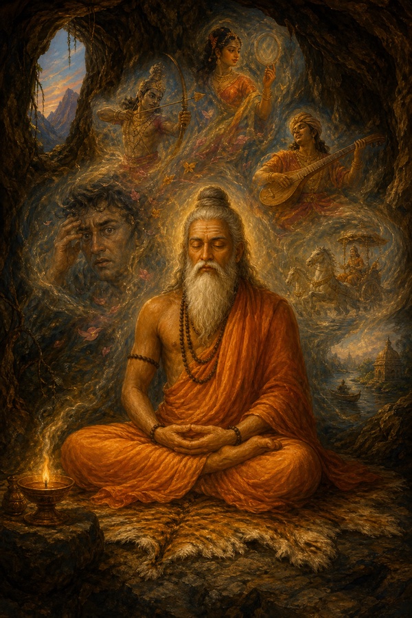 Rich painterly classical-Indian color illustration of sage Vitahavya seated in deep meditation inside his dim mountain cave, eyes closed in self-inquiry, an oil lamp glowing beside him, faint translucent images of body, restless mind and passing thoughts dissolving around him as he turns inward to ask who he truly is; no text, no watermark, dignified