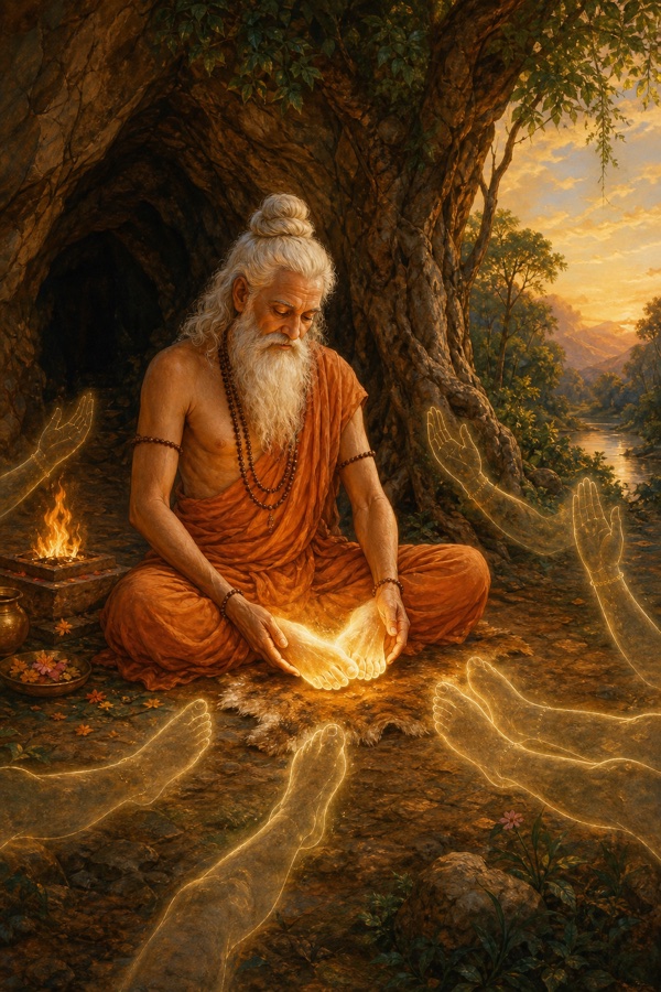 Rich painterly classical-Indian color illustration of sage Vitahavya seated in padmasana under a tree by his cave, gazing tenderly down at his own feet which glow with a soft fading light as he gives them a grateful farewell, faint luminous outlines of other limbs waiting in a circle around him, a small fire altar nearby; no text, no watermark, dignified