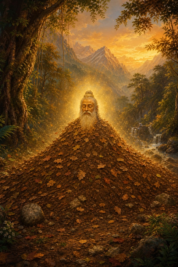 Rich painterly classical-Indian color illustration of sage Vitahavya's serene seated body in stillness slowly being covered by earth and fallen leaves until a small mound forms over him, mountain forest around, a faint radiant aura suggesting his witness-consciousness spread everywhere yet nowhere, soft golden twilight; no text, no watermark, dignified