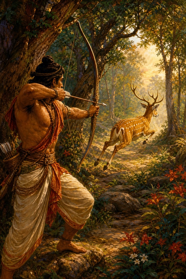 A lean forest hunter with drawn longbow spots a large-antlered, yellow-backed deer that bolts away through sun-dappled woodland; rich classical Indian color painting, dynamic chase, dignified, no text.