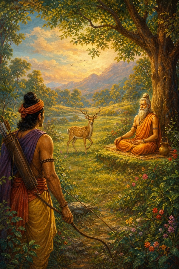A panting antlered deer halts at the center of a wide open meadow where a serene bearded muni sits in meditation with a water-pot, the hunter pausing at the edge; luminous classical Indian color illustration, dignified, no text.