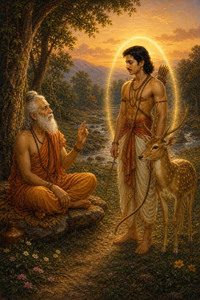 The seated muni gestures gently toward both the hunter and the deer, who are wrapped together in a single soft golden aura of one consciousness; the hunter begins lowering his bow; serene metaphysical classical Indian color tableau, dignified, no text.