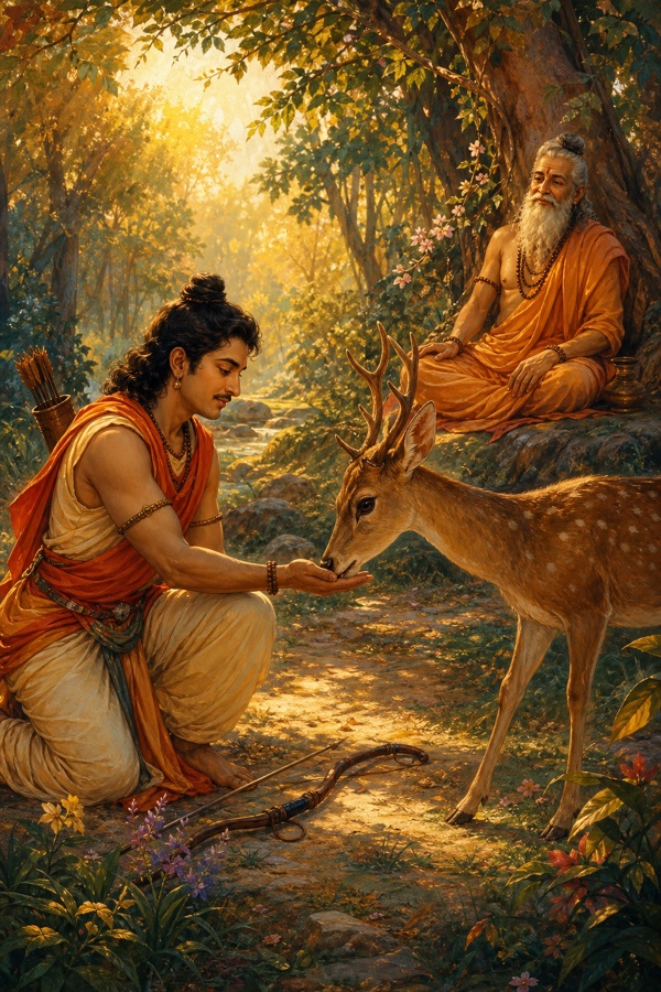 The deer steps forward and touches the hunter's outstretched open hand with its muzzle, his bow laid aside, the muni watching peacefully nearby in the sunlit clearing; tender reconciliation, warm classical Indian color painting, dignified, no text.